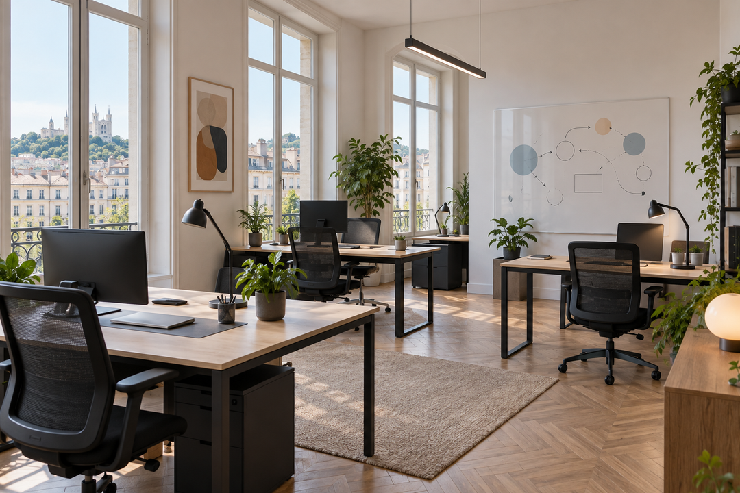Bureaux lumineux du cabinet, tableaux et plantes