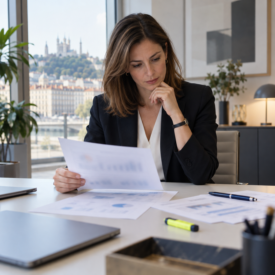 Contrôleuse de gestion analysant des états imprimés